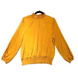 Alex & Lili Women's High Neck Satin Blouse Large Yellow Long Sleeve Boho NEW
